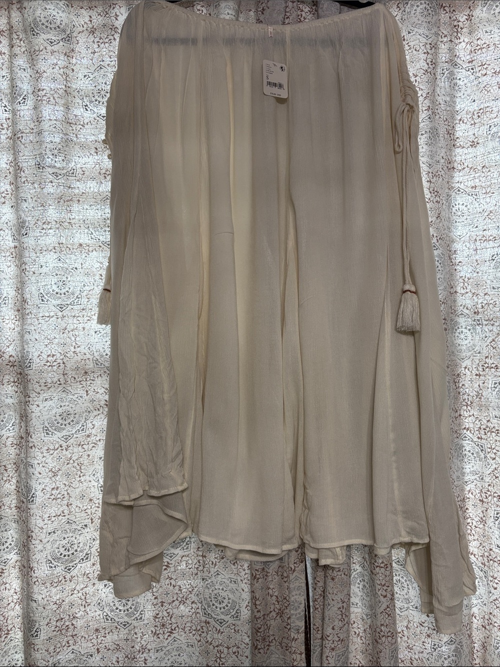 Free People Cream Off-Shoulder Tunic with Tassel Ties